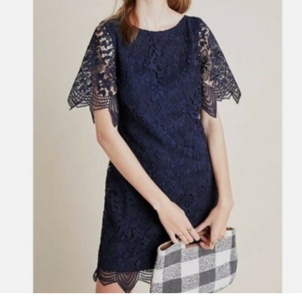 Anthropologie Charleston Navy Blue Flutter Sleeve Lace Midi Dress Size 6